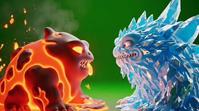 Cartoon battle of fire and ice monsters confronting each other aggressively in a fantasy world on green screen