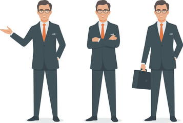 Cartoon illustration of a professional businessman in a navy suit with glasses in three poses including presenting, arms crossed, and holding briefcase.