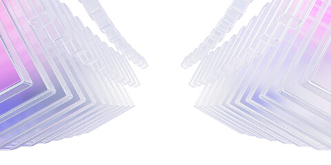 Fototapeta premium Glass architecture 3d background. Futuristic tunnel with transparent geometric lines, abstract corridor perspective with pastel pink blue arrows, white hall with triangular shapes