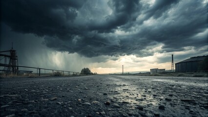 Storm clouds gather over a desolate industrial waterfront under a darkening sky.