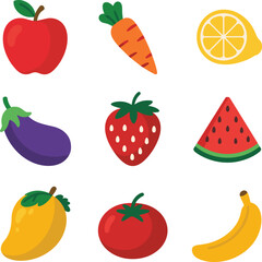 Cartoon flat vector illustration of various fresh fruits and vegetables including apple, carrot, lemon, eggplant, strawberry, watermelon, mango, tomato, and banana isolated.