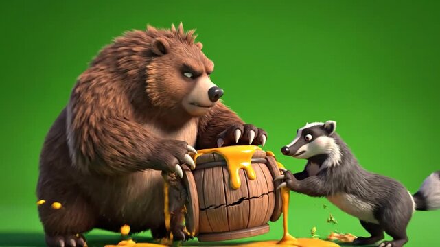 Cartoon bear and badger stealing honey animation on green screen background cute and funny characters wildlife