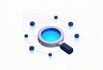 Exploring digital landscapes through magnifying glass representation emphasizing data connectivity and analysis in a futuristic design aesthetic