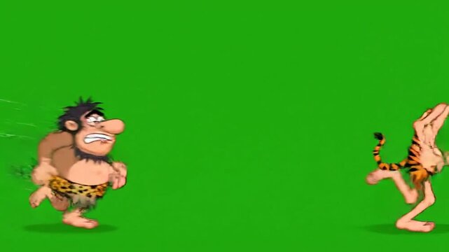 Cartoon caveman running from tiger on green screen animated prehistoric chase sequence