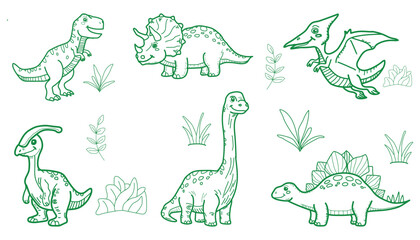 Cute Dinosaur Doodle Set – Hand Drawn Jurassic Cartoon Line Art with Plants © Ai Joo