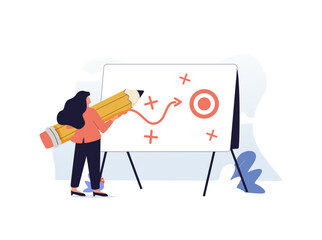 Focused young business leader woman working on project management at board, analyzing strategy schedule, tasking