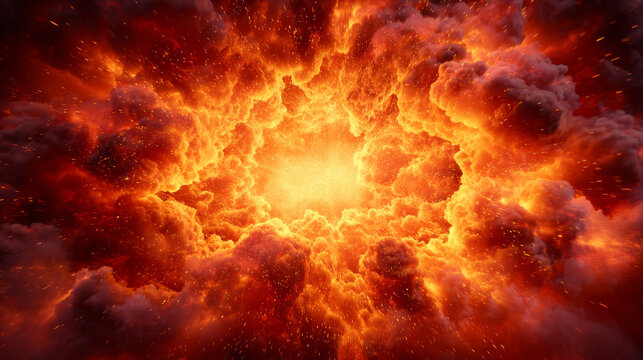 Dramatic glowing fire and smoke explosion with red and yellow flames radiating outward, abstract blazing background with central copy space