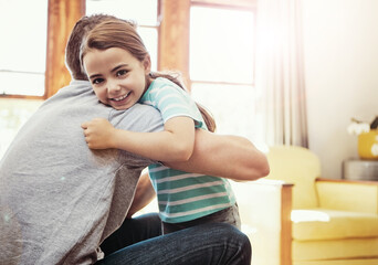 Father, child and hug portrait in home for bonding together, healthy relationship or affection....