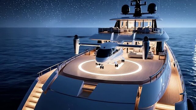 Luxury yacht in open sea with helipad on deck under starry night sky while futuristic transport vehicle lands on platform near ship interior Concept of elite travel and wealth and lifestyle