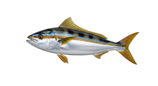 A vibrant yellowtail amberjack swimming in clear ocean waters with sunlight reflecting off its scales isolated on transparent background