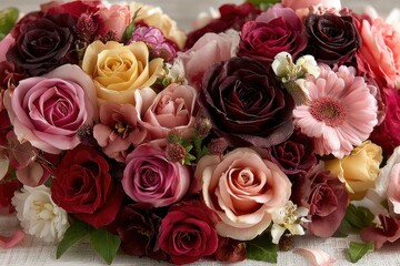 Obraz premium Romantic bouquet of roses in pink, red, burgundy, peach and ivory tones for gifts and celebrations