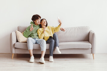 Portrait of happy millennial Asian couple taking selfie together, sitting on sofa at home, copy...