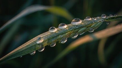 Naklejka premium Close-Up of Dew Drops on a Green Leaf in Morning Light, Showcasing Nature's Beauty and Detail in a Tranquil Outdoor Setting