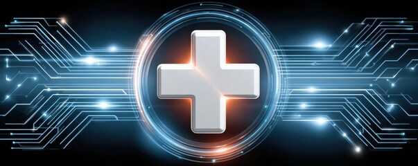 Fototapeta na wymiar Vector graphic of an AI circuit forming a glowing white medical cross in a digital frame