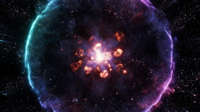 Explosion particle effect on black background. Neon glowing shockwave footage for overlay templates.