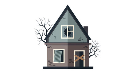 Creepy abandoned house with broken window and bare trees