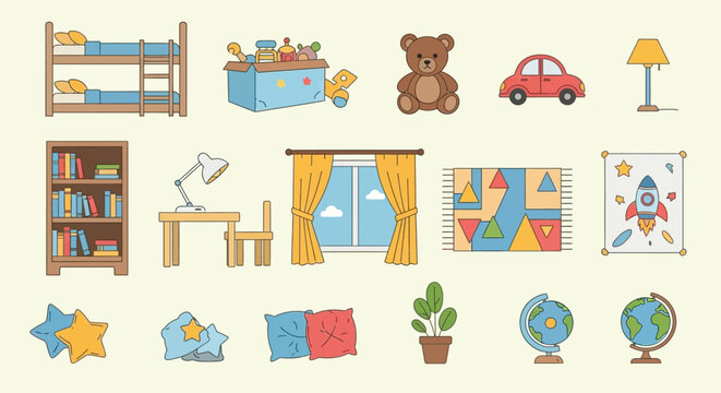 Collection of cute cartoon objects for children's room