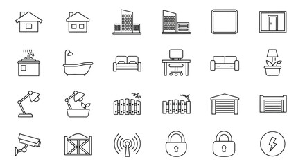 Collection of vector icons representing home elements and security.