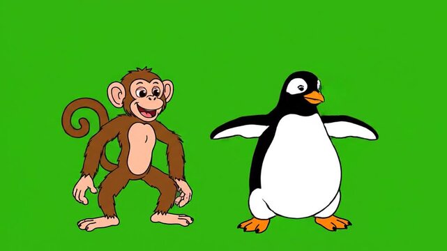 Cartoon monkey and penguin animated on green screen background for kids educational videos and content