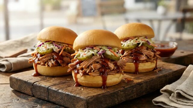 slow cooked pulled pork sliders on wooden board southern style video