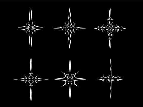 set of cross cyber sigil ornamental, abstract, thorn symmetrical lines style. vector format for mystical symbol, tattoo flash and dark branding elements