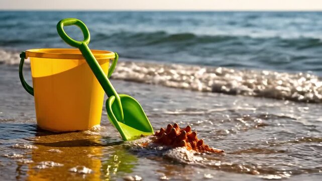 Yellow sand bucket, green spade, and starfish resting on a wet sandy beach with gentle ocean waves in bright sunlight, suitable for travel agency promotions, summer holiday advertisements