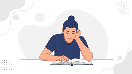 Young person reading a book, studying or learning, minimalist illustration