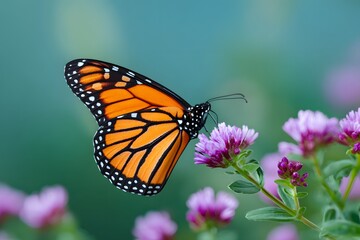 A butterfly interacts with flowers in a natural setting.