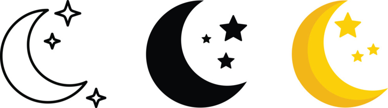 Half Moon and Crescent Icon Set, Night Sky Symbols with Stars, Astronomy and Celestial Vector Icons