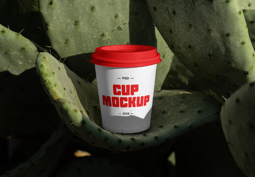 Coffee Cup Standing on Cactus Mockup