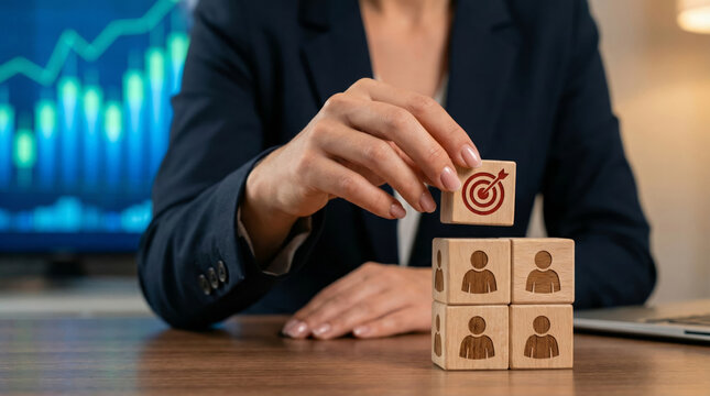 A person places a target block on top of a stack of blocks, representing business growth and achievement in a data-driven world. The background shows a digital chart
