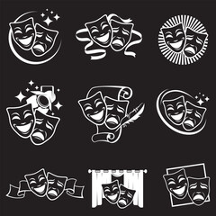 collection of comedy and tragedy theatrical masks isolated on black background
