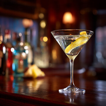 A classic martini with a twisted lemon peel, served on a dark wood bar