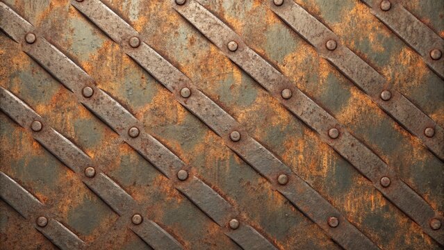 Close-up view of rusted metal surface with rivets and diagonal lines