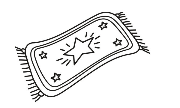 line drawing of a magic carpet featuring stars and decorative fringe.