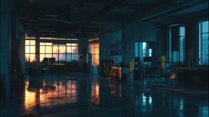 Serene Urban Office Space Amidst Sunset Glow with Reflection on Floor Surfaces Illustrating Tranquility and Creativity in Modern Work Environments