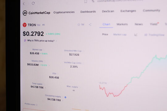 Belarus, Minsk - 15 February 2026. Tron cryptocurrency coin logo icon on website Coinmarketcap