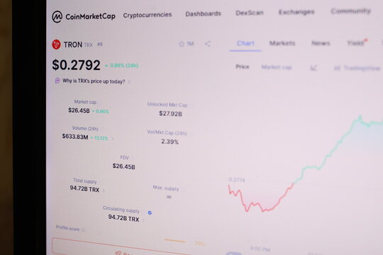 Belarus, Minsk - 15 February 2026. Tron cryptocurrency coin logo icon on website Coinmarketcap