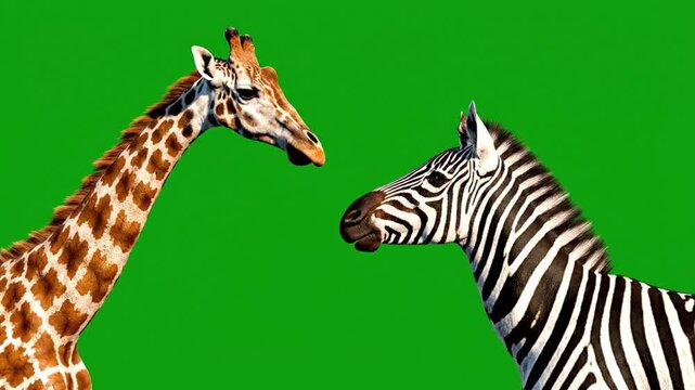 Close up of giraffe and zebra heads isolated on green screen animal wildlife background for compositing