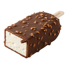 A partially bitten chocolate-covered ice cream bar with peanuts on a stick, isolated on black.