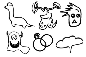 Collection of Hand-Drawn Ink Doodles Featuring Monsters, Dinosaur, and Icons © Resource Boy