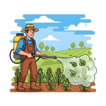Farmer spraying pesticides on crops in a field with a backpack sprayer to protect plants from pests