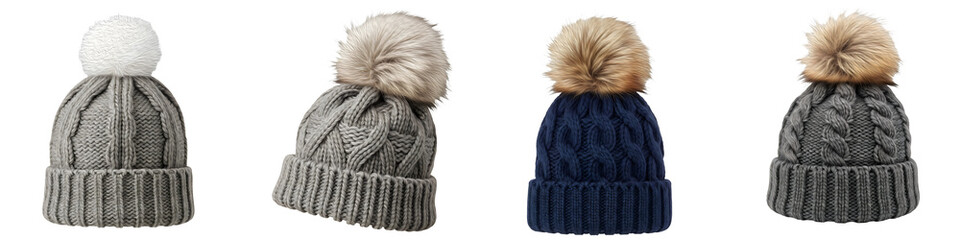  the set collection of grey cable-knit beanie isolated on white background  Stock file premium PNG stock image.,.,