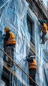 Construction crew members, clad in high-visibility safety vests and hard hats, methodically secure plastic wrap over a building's exterior in a bustling urban construction site