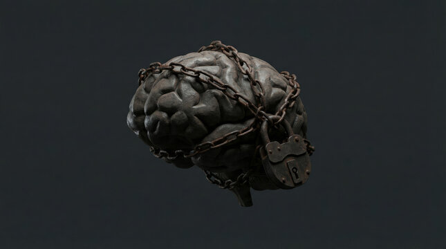 A brain is depicted being restrained by chains and a lock, illustrating the struggle for knowledge and freedom. This represents the concepts of innovation and resilience in education