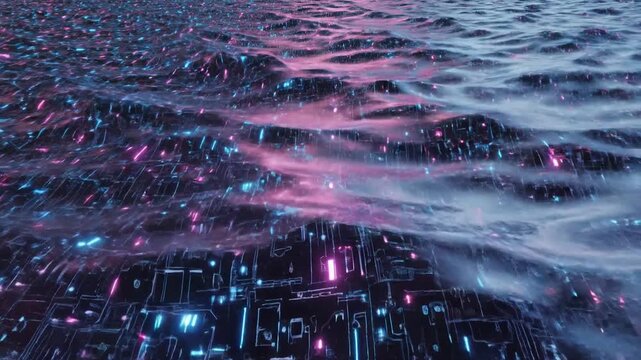 Abstract digital ocean waves with neon lights and circuit board pattern