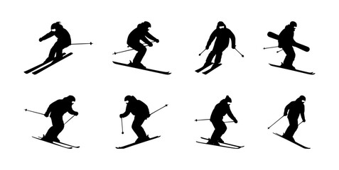 Set of black skiing silhouettes with poles down-hill skiing on white background