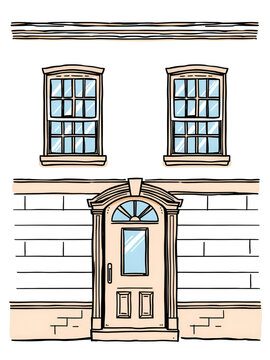 Illustration of a building facade with two windows and a door with an arched transom window above it