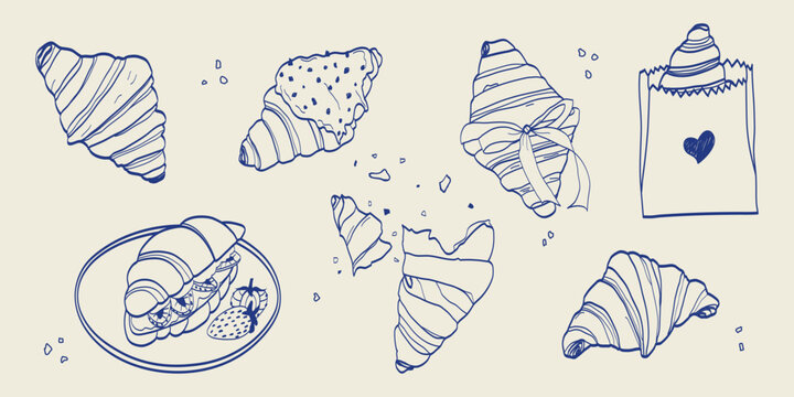 Hand drawn croissant and pastry illustrations inspired by mediterranean bakery culture. Minimal line art food set perfect for cafe branding, menu design, packaging, stickers and food related projects.