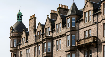Fototapeta premium Stone building with green domed turret and ornate balcony architecture facade windows